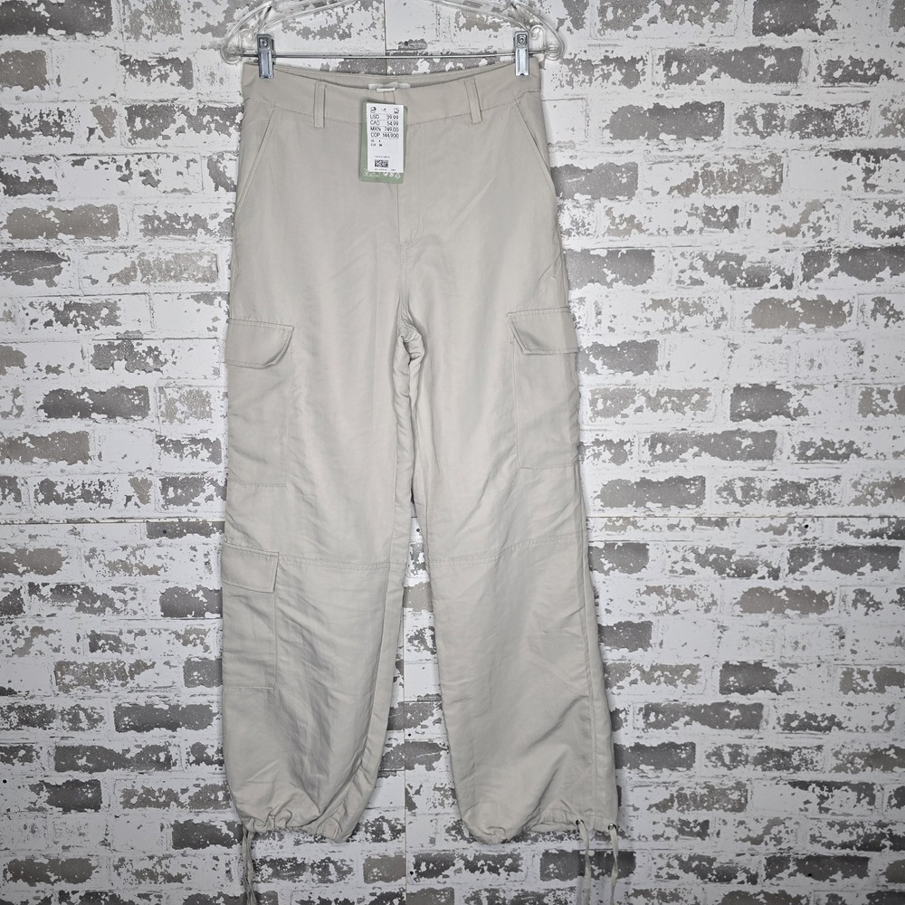 NEW H & M Pants Womens 4 Light Greige Twill Cargo Trousers Straight Leg Nylon